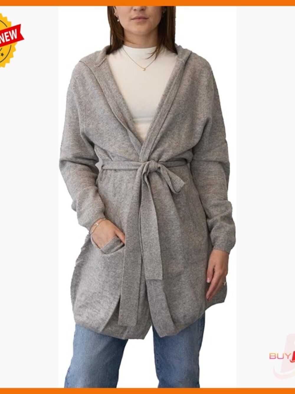 Soft Hooded Cashmere Cardigan with Belt, Relaxed Fit Sweater